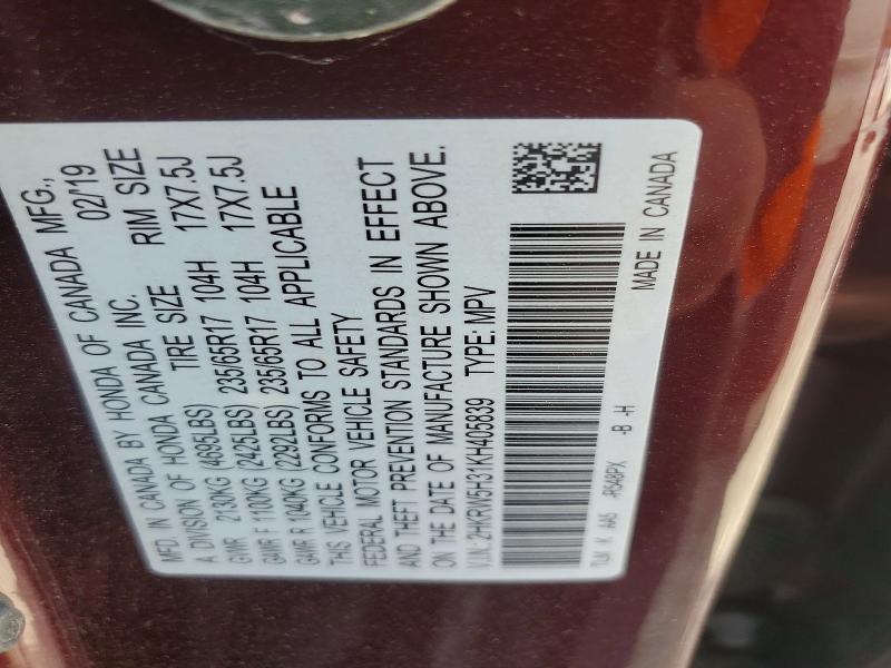 47510506 :رقم المزاد ، 2HKRW5H31KH405839 vin ، 2019 Honda Cr-v مزاد بيع