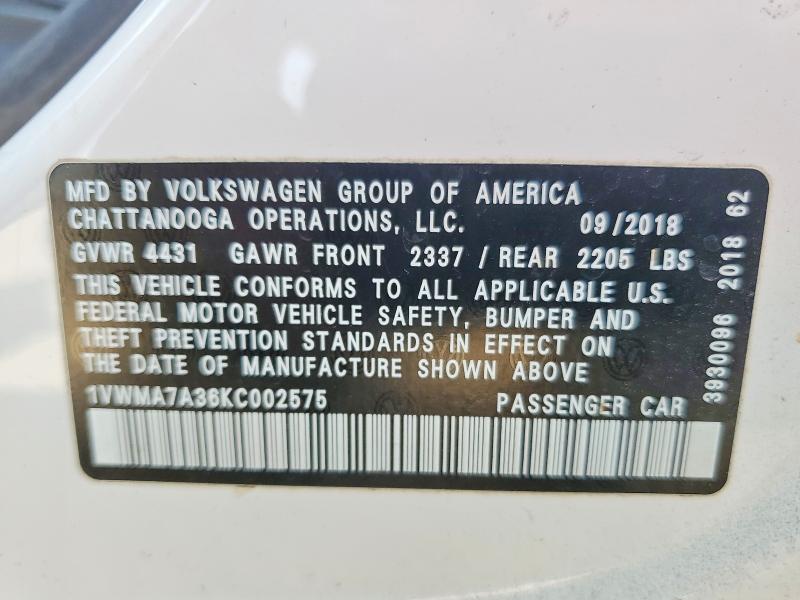 Продаж на аукціоні авто 2019 Volkswagen Passat, vin: 1VWMA7A36KC002575, номер лоту: 47415926