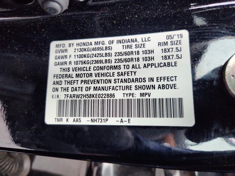 41769536 :رقم المزاد ، 7FARW2H58KE022886 vin ، 2019 Honda Cr-v مزاد بيع