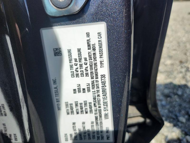 2024 Tesla Model 3 მანქანა იყიდება აუქციონზე, vin: 5YJ3E1EA0RF848738, აუქციონის ნომერი: 47402826