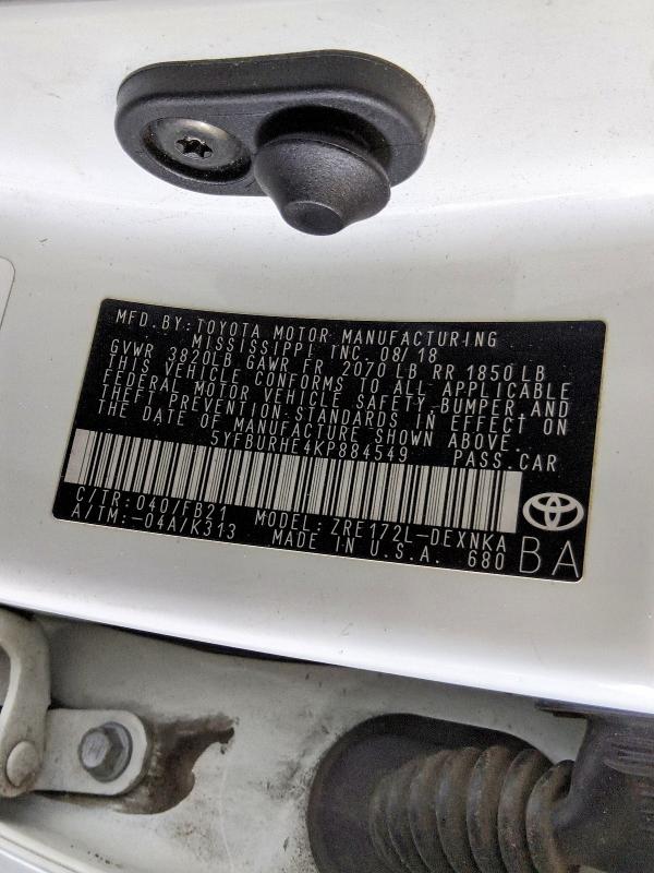 2019 Toyota Corolla მანქანა იყიდება აუქციონზე, vin: 5YFBURHE4KP884549, აუქციონის ნომერი: 78675505