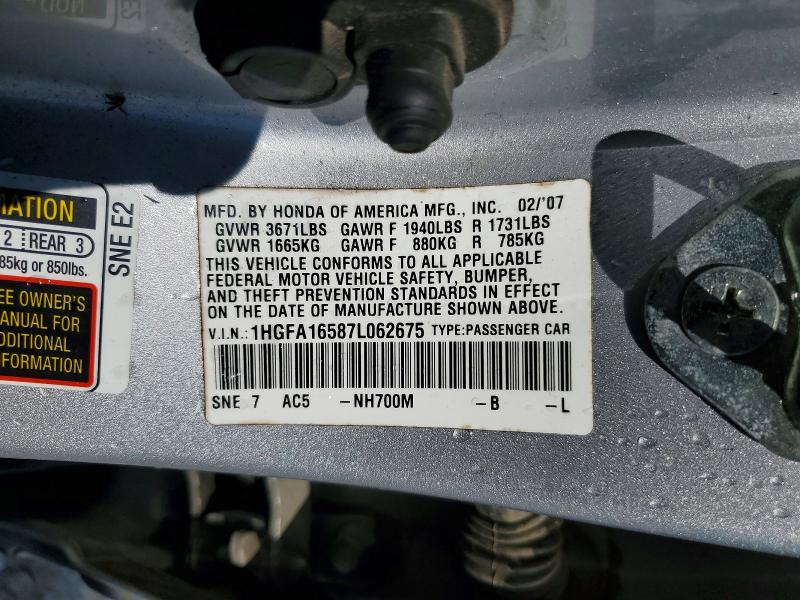 Продажа на аукционе авто 2007 Honda Civic, vin: 1HGFA16587L062675, номер лота: 45984196