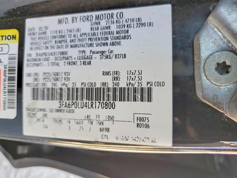 Aukcja sprzedaży 2020 Ford Fusion, vin: 3FA6P0LU4LR170800, numer aukcji: 45985056