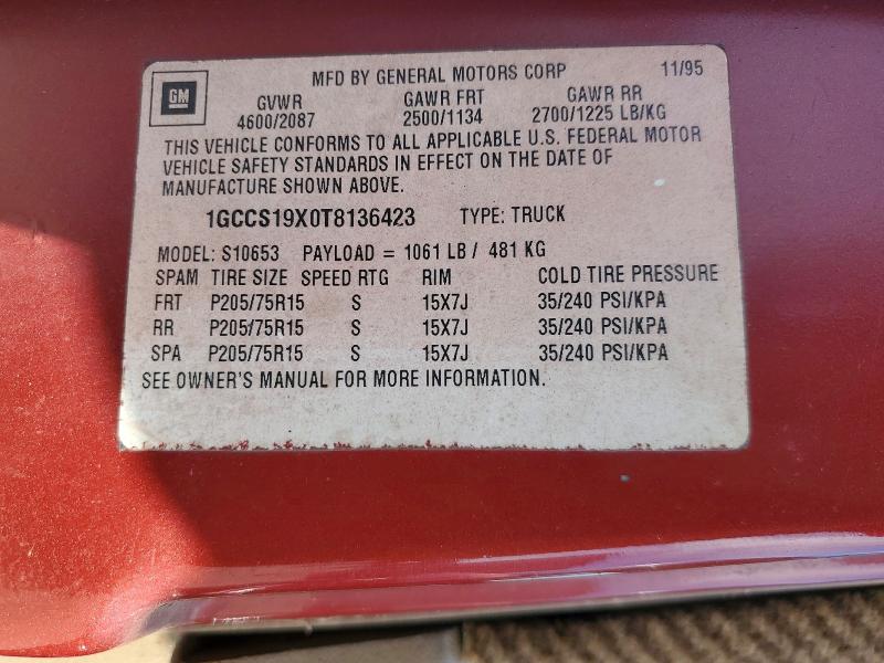 47385426 :رقم المزاد ، 1GCCS19X0T8136423 vin ، 1996 Chevrolet S Truck مزاد بيع