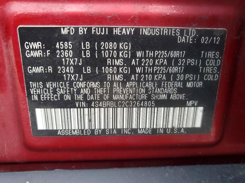 2012 Subaru Outback მანქანა იყიდება აუქციონზე, vin: 4S4BRBLC2C3264805, აუქციონის ნომერი: 45454716