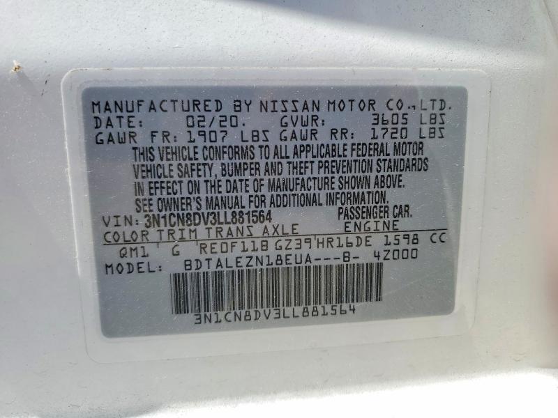2020 Nissan Versa მანქანა იყიდება აუქციონზე, vin: 3N1CN8DV3LL881564, აუქციონის ნომერი: 46355916