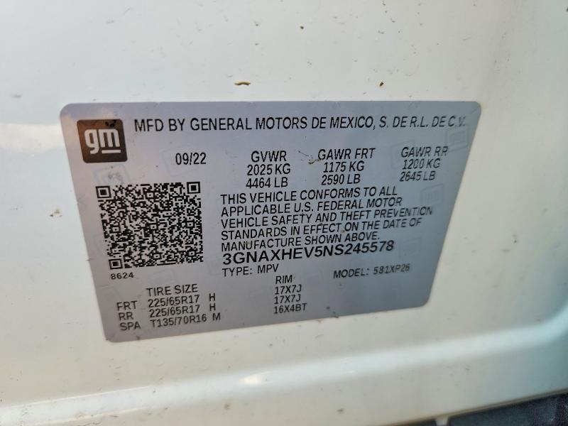 Продаж на аукціоні авто 2022 Chevrolet Equinox, vin: 3GNAXHEV5NS245578, номер лоту: 47058346