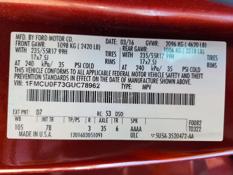 46390716 :رقم المزاد ، 1FMCU0F73GUC78962 vin ، 2016 Ford Escape مزاد بيع