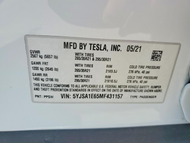 Продажа на аукционе авто 2021 Tesla Model S, vin: 5YJSA1E65MF431157, номер лота: 47973276