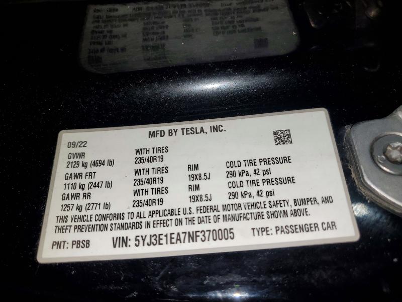 Продажа на аукционе авто 2022 Tesla Model 3, vin: 5YJ3E1EA7NF370005, номер лота: 46727116