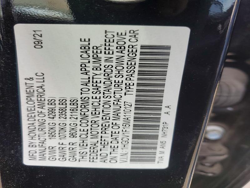 46318326 :رقم المزاد ، 1HGCV1F15MA110127 vin ، 2021 Honda Accord مزاد بيع
