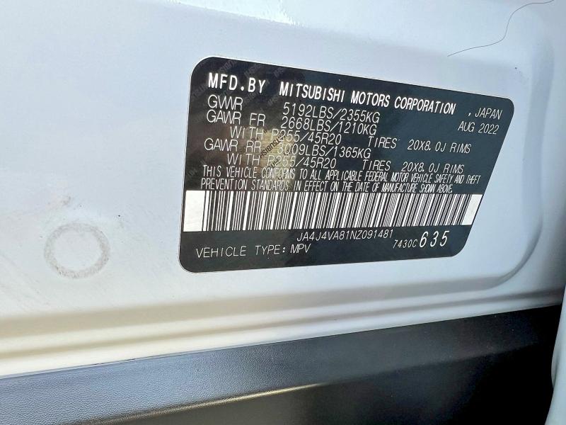 Продаж на аукціоні авто 2022 Mitsubishi Outlander, vin: JA4J4VA81NZ091481, номер лоту: 46777136