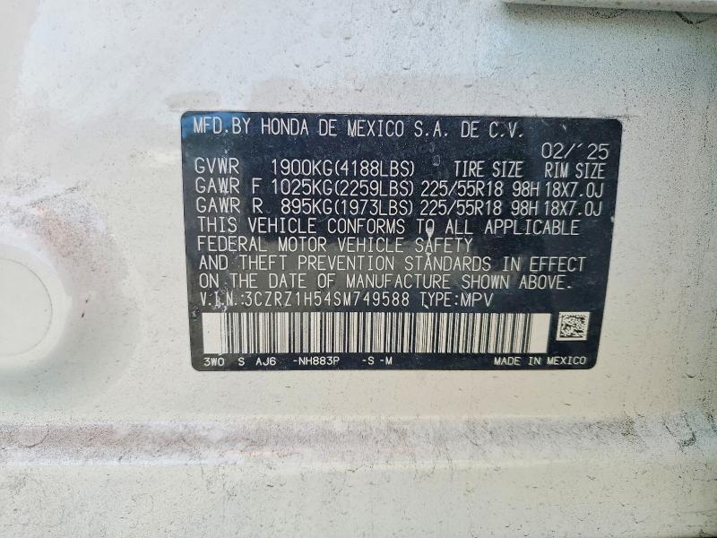2025 Honda Hr-v მანქანა იყიდება აუქციონზე, vin: 3CZRZ1H54SM749588, აუქციონის ნომერი: 47817256