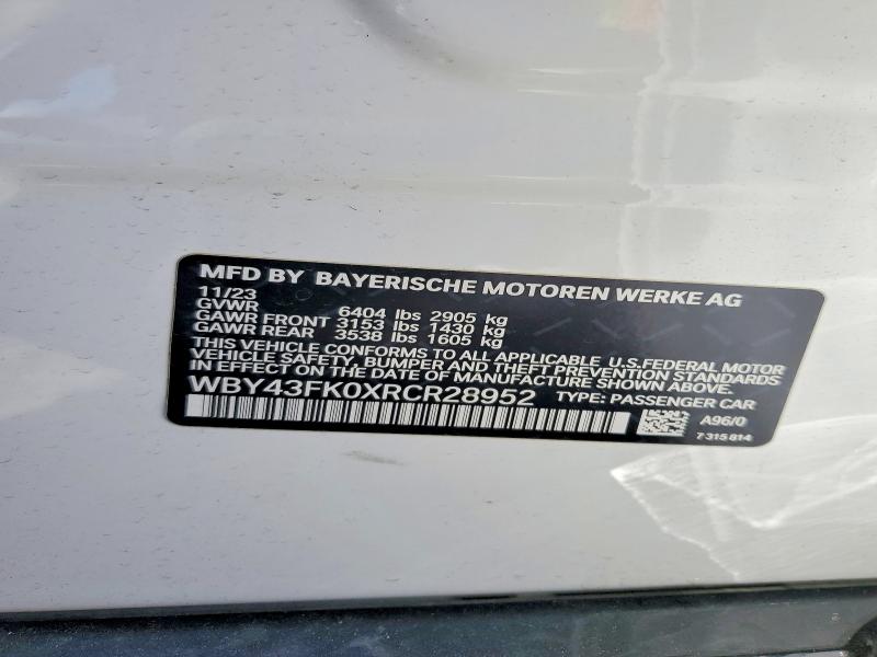 2024 Bmw I5 მანქანა იყიდება აუქციონზე, vin: WBY43FK0XRCR28952, აუქციონის ნომერი: 45861216