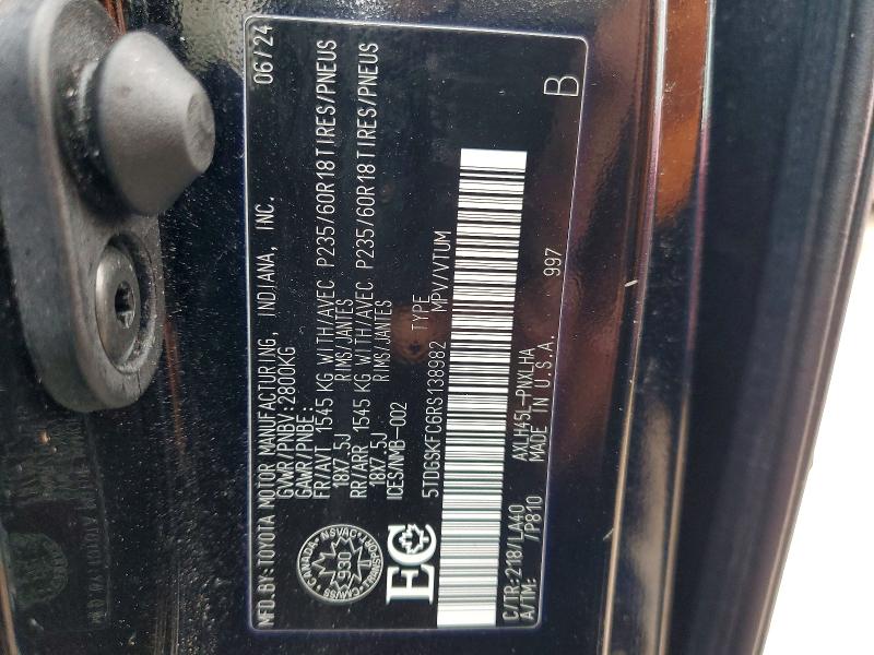 79826095 :رقم المزاد ، 5TDGSKFC6RS138982 vin ، 2024 Toyota Sienna مزاد بيع