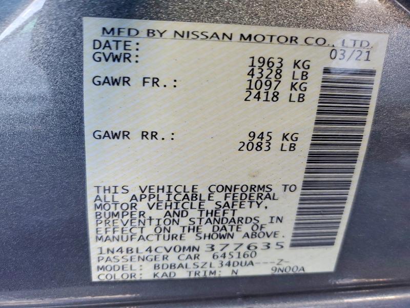 Продажа на аукционе авто 2021 Nissan Altima, vin: 1N4BL4CV0MN377635, номер лота: 46139806