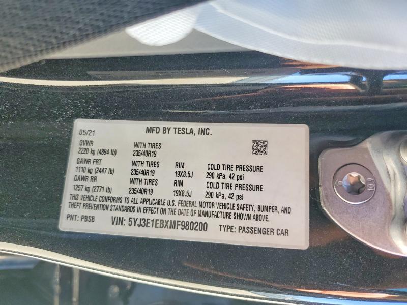 Продаж на аукціоні авто 2021 Tesla Model 3, vin: 5YJ3E1EBXMF980200, номер лоту: 79606485