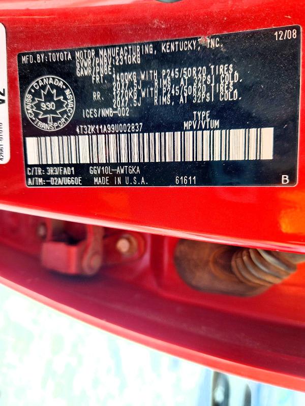 Aukcja sprzedaży 2009 Toyota Venza, vin: 4T3ZK11A99U002837, numer aukcji: 47708276