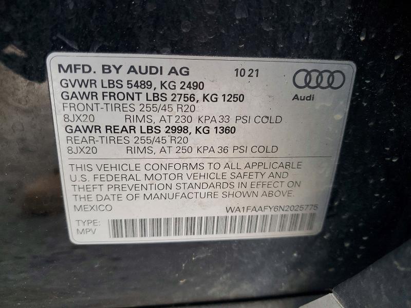 47883016 :رقم المزاد ، WA1FAAFY6N2025775 vin ، 2022 Audi Q5 مزاد بيع