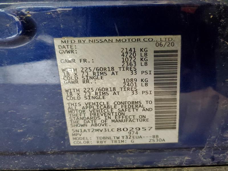 47512116 :رقم المزاد ، 5N1AT2MV3LC802957 vin ، 2020 Nissan Rogue مزاد بيع