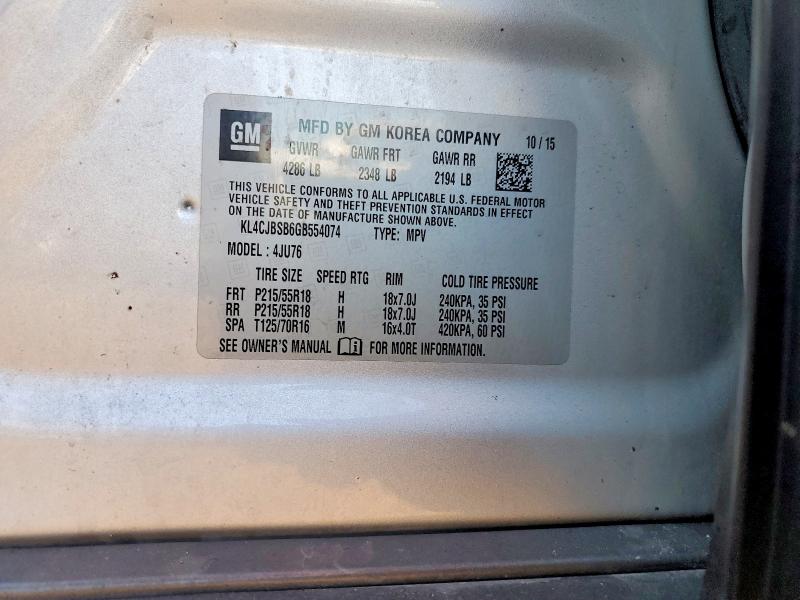 2016 Buick Encore მანქანა იყიდება აუქციონზე, vin: KL4CJBSB6GB554074, აუქციონის ნომერი: 45837486