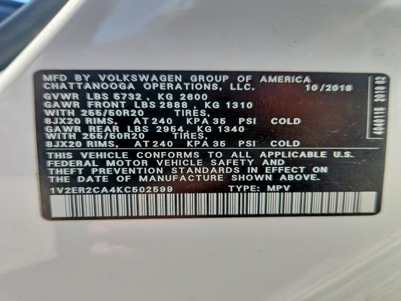 Aukcja sprzedaży 2019 Volkswagen Atlas, vin: 1V2ER2CA4KC502599, numer aukcji: 45915486