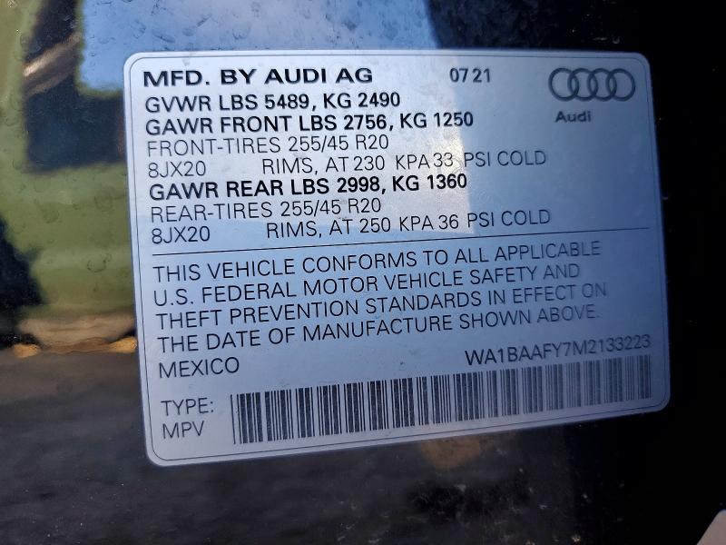 2021 Audi Q5 მანქანა იყიდება აუქციონზე, vin: WA1BAAFY7M2133223, აუქციონის ნომერი: 41647586
