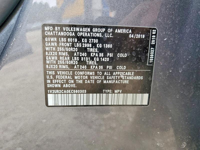 Продаж на аукціоні авто 2019 Volkswagen Atlas, vin: 1V2UR2CA0KC560303, номер лоту: 46118806