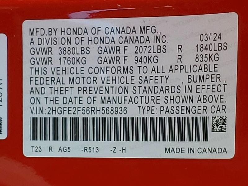 Продаж на аукціоні авто 2024 Honda Civic, vin: 2HGFE2F56RH568936, номер лоту: 45771406