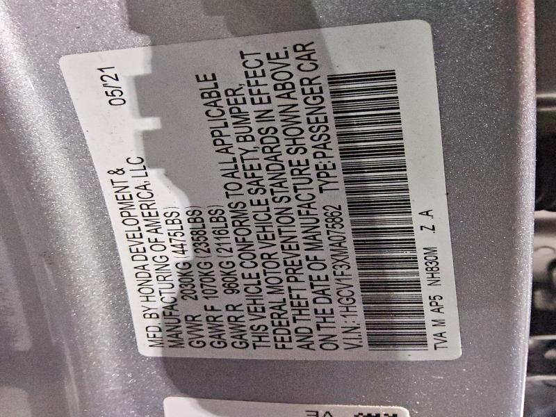 Aukcja sprzedaży 2021 Honda Accord, vin: 1HGCV1F3XMA075862, numer aukcji: 79512645