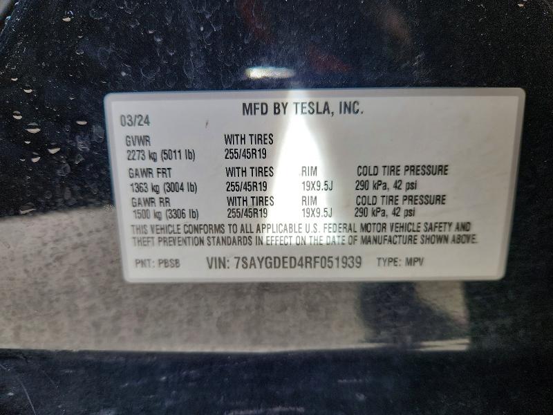79742285 :رقم المزاد ، 7SAYGDED4RF051939 vin ، 2024 Tesla Model Y مزاد بيع