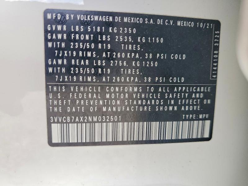 47241126 :رقم المزاد ، 3VVCB7AX2NM032501 vin ، 2022 Volkswagen Tiguan مزاد بيع