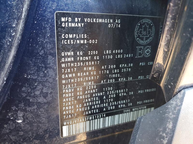 47407706 :رقم المزاد ، WVGJV7AX3FW519314 vin ، 2015 Volkswagen Tiguan مزاد بيع