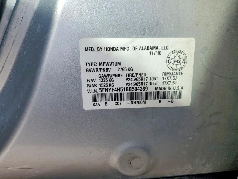 Продажа на аукционе авто 2011 Honda Pilot, vin: 5FNYF4H51BB504389, номер лота: 78214305