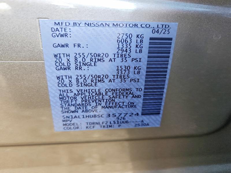 Aukcja sprzedaży 2025 Infiniti Qx60, vin: 5N1AL1HU8SC357724, numer aukcji: 78636565