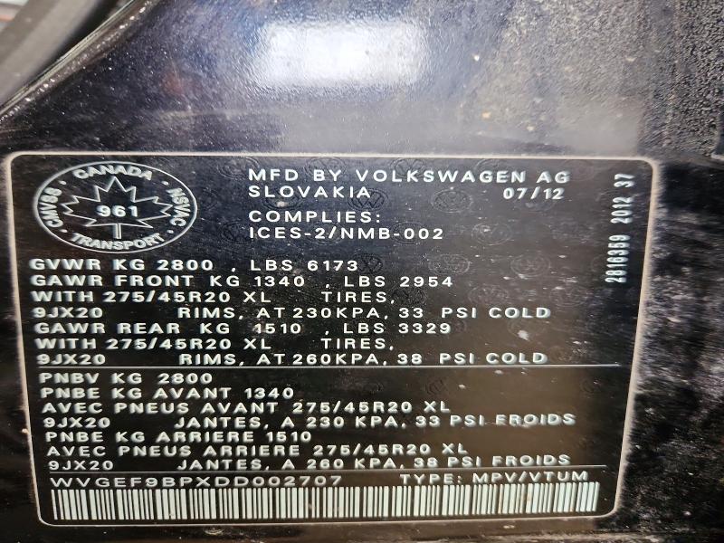 79267505 :رقم المزاد ، WVGEF9BPXDD002707 vin ، 2013 Volkswagen Touareg مزاد بيع