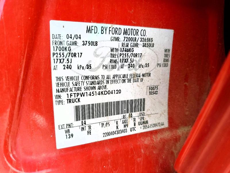 2004 Ford F150 მანქანა იყიდება აუქციონზე, vin: 1FTPW14514KD04120, აუქციონის ნომერი: 79693755