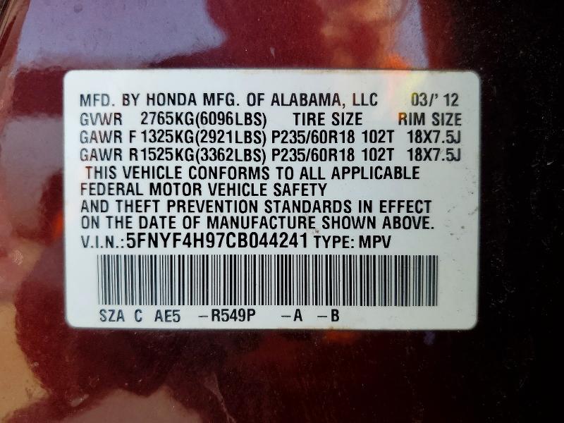 2012 Honda Pilot მანქანა იყიდება აუქციონზე, vin: 5FNYF4H97CB044241, აუქციონის ნომერი: 47598636
