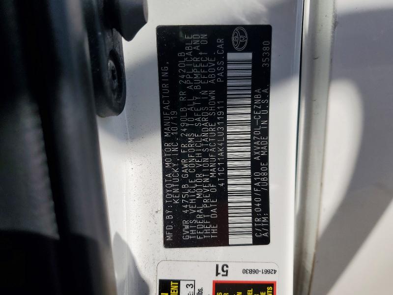 47656896 :رقم المزاد ، 4T1C11AK4LU311911 vin ، 2020 Toyota Camry مزاد بيع