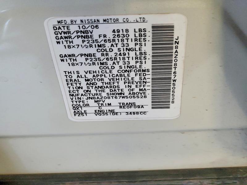 Продаж на аукціоні авто 2007 Nissan Murano, vin: JN8AZ08T67W505528, номер лоту: 47008286