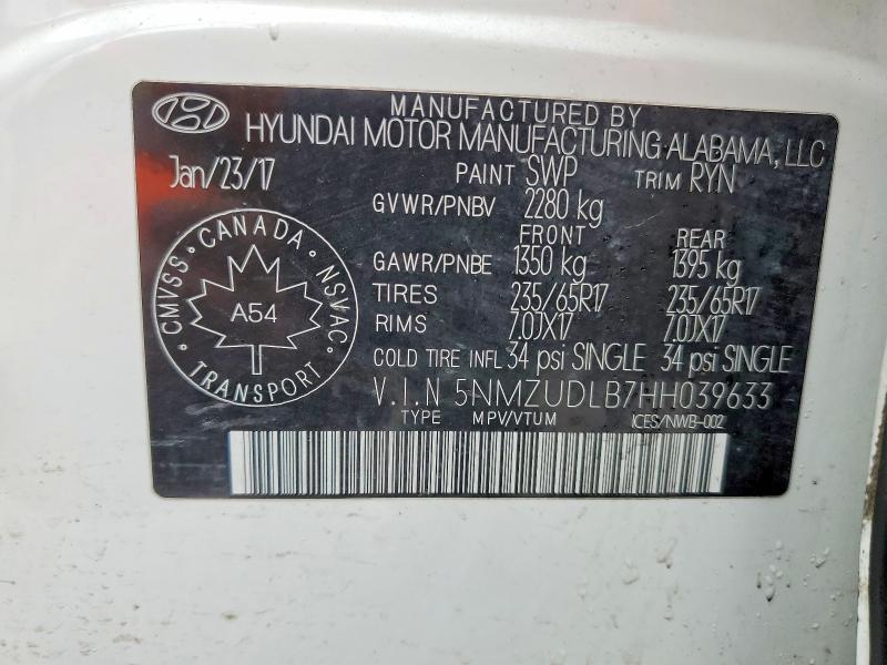 78894015 :رقم المزاد ، 5NMZUDLB7HH039633 vin ، 2017 Hyundai Santa Fe Sport مزاد بيع