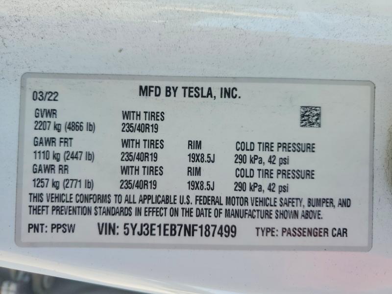 46824616 :رقم المزاد ، 5YJ3E1EB7NF187499 vin ، 2022 Tesla Model 3 مزاد بيع
