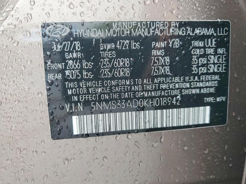 46302836 :رقم المزاد ، 5NMS33AD0KH018942 vin ، 2019 Hyundai Santa Fe مزاد بيع