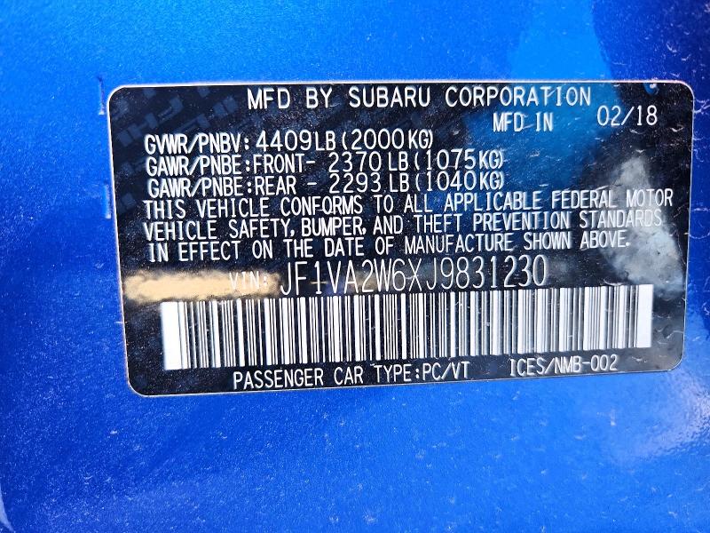 Продажа на аукционе авто 2018 Subaru Wrx, vin: JF1VA2W6XJ9831230, номер лота: 46874076