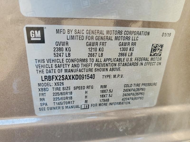46918656 :رقم المزاد ، LRBFX2SAXKD091540 vin ، 2019 Buick Envision مزاد بيع