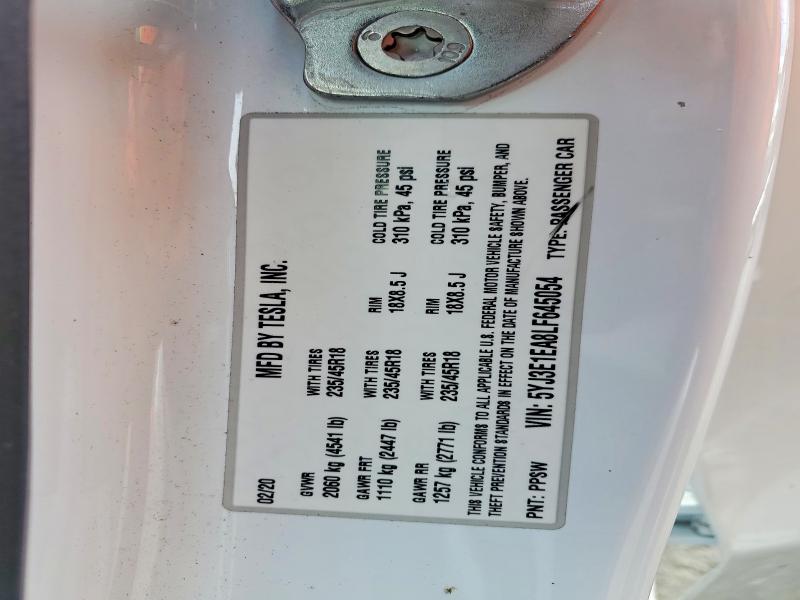 47909126 :رقم المزاد ، 5YJ3E1EA8LF645054 vin ، 2020 Tesla Model 3 مزاد بيع