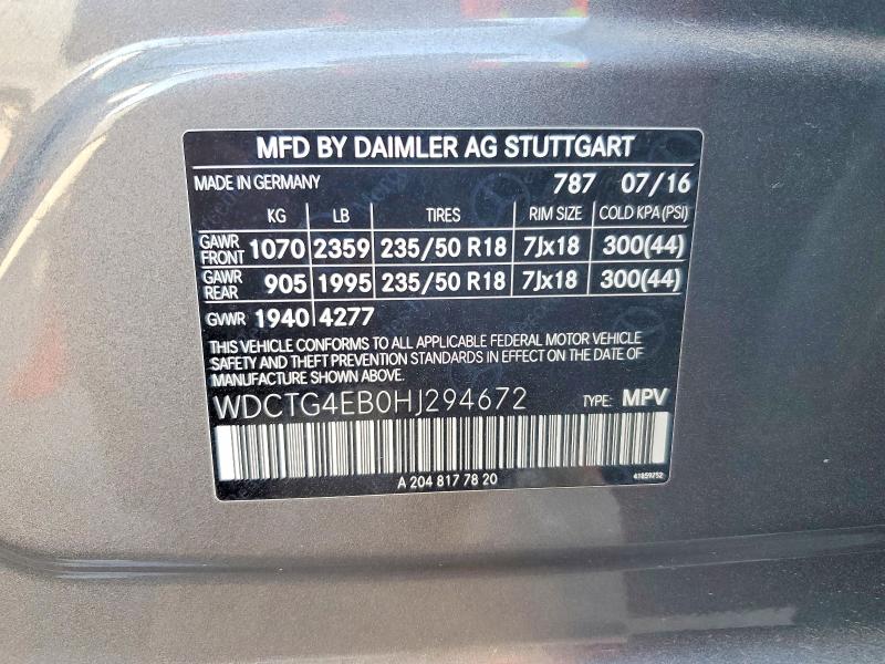 2017 Mercedes-benz Gla მანქანა იყიდება აუქციონზე, vin: WDCTG4EB0HJ294672, აუქციონის ნომერი: 45940206