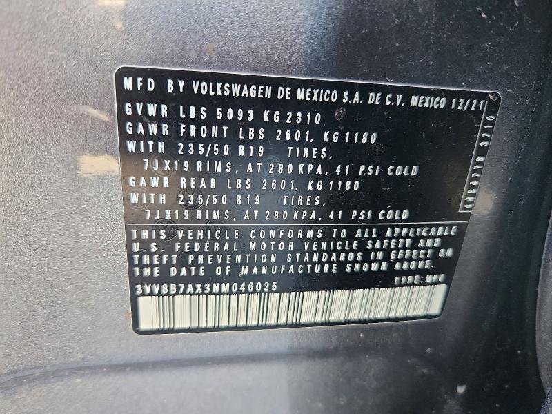 Продаж на аукціоні авто 2022 Volkswagen Tiguan, vin: 3VV8B7AX3NM046025, номер лоту: 45940156