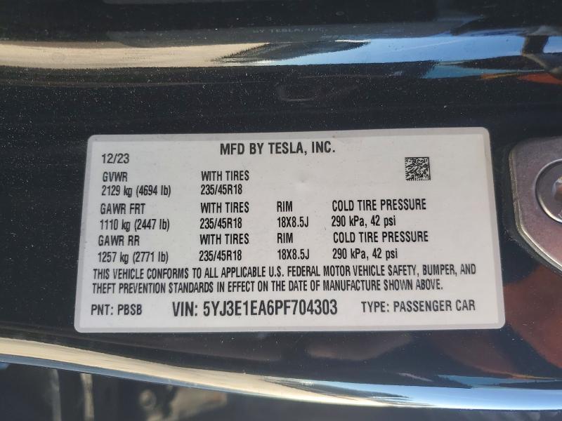 2023 Tesla Model 3 მანქანა იყიდება აუქციონზე, vin: 5YJ3E1EA6PF704303, აუქციონის ნომერი: 46404906