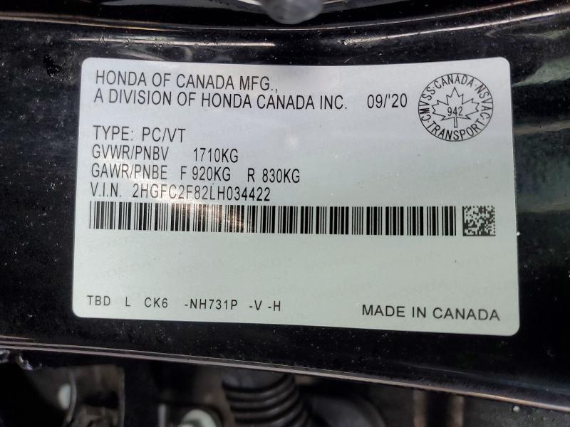 2020 Honda Civic მანქანა იყიდება აუქციონზე, vin: 2HGFC2F82LH034422, აუქციონის ნომერი: 79270665